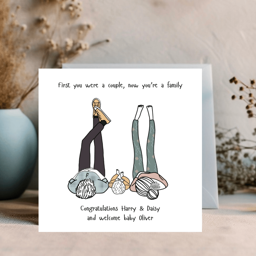 Personalised New Baby Boy or girl  Card - Modern new family - unisex 
