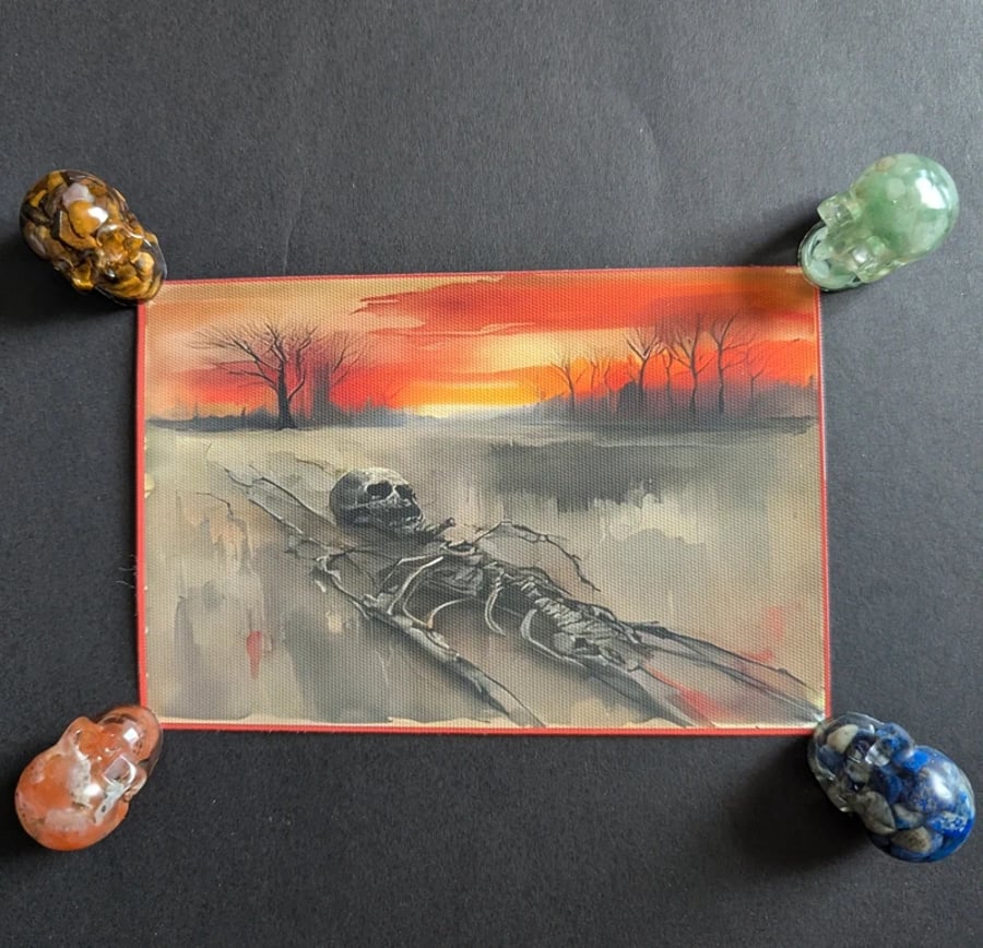 Sunset Skeleton Canvas Print – Macabre Landscape Art – Gothic Death