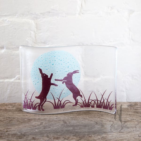 Boxing Hares Fused Glass Wave, home decor, british countryside,