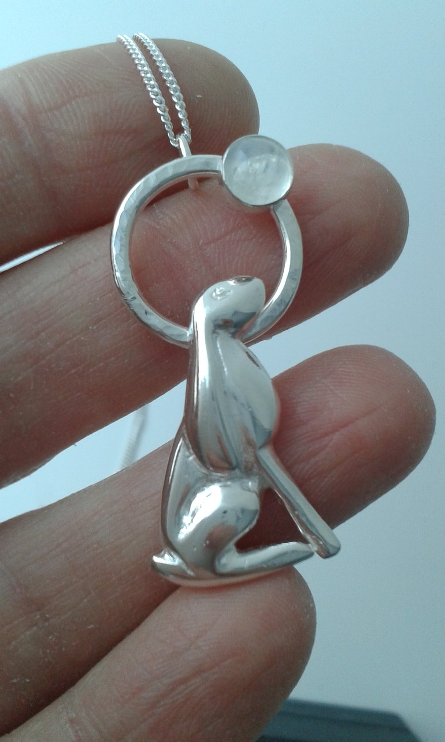 Silver and Moonstone Moon- Gazing Hare Pendant
