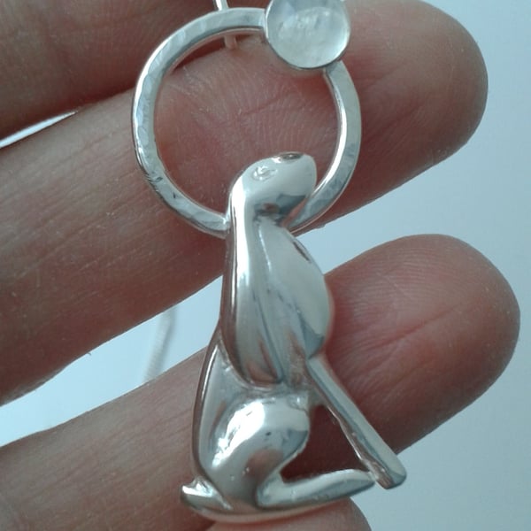 Silver and Moonstone Moon- Gazing Hare Pendant