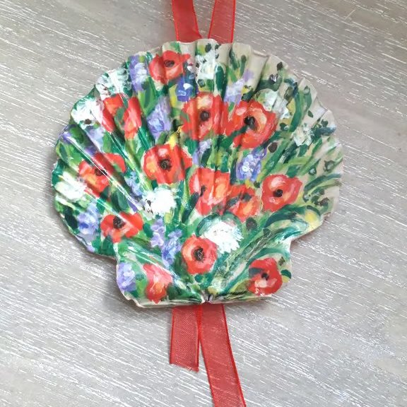 'Red Poppies' handpainted king scallop shell wall art.  