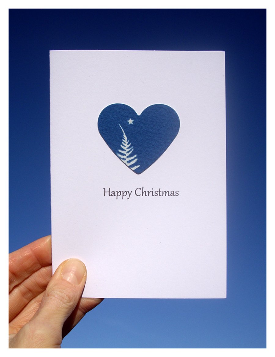 SALE - Half price! 'Happy Christmas' Fern & Star Cyanotype Card 