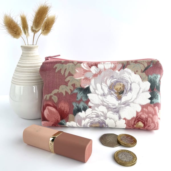 Large Pink Coin Purse with White Roses