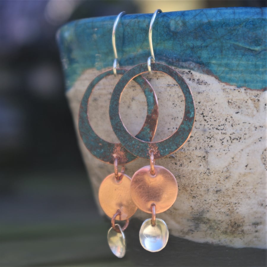 Long Dangly  Copper  and Silver  Earrings