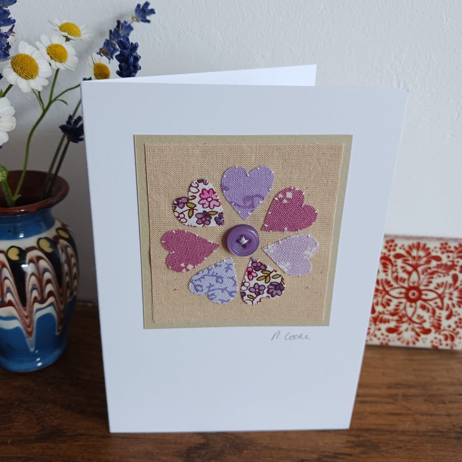 Flower of Hearts Vintage Fabric Card hand stitched - CLEARANCE