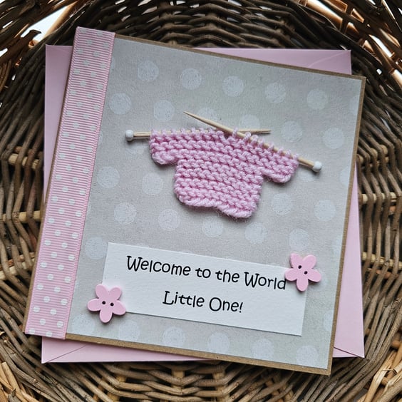 Pink Knitted New Baby Girl Card Size 5" x 5" (12.5cm x 12.5cm)