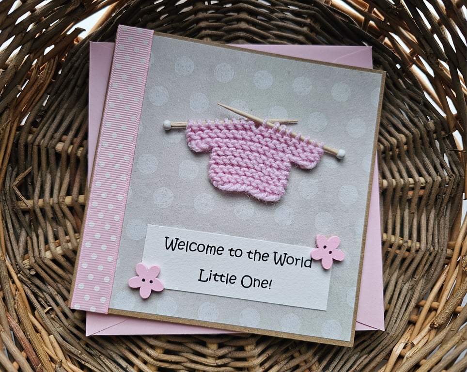Pink Knitted New Baby Girl Card Size 5" x 5" (12.5cm x 12.5cm)