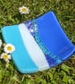 Fused glass dish 10cm Blue & white with a 'river' of flowers