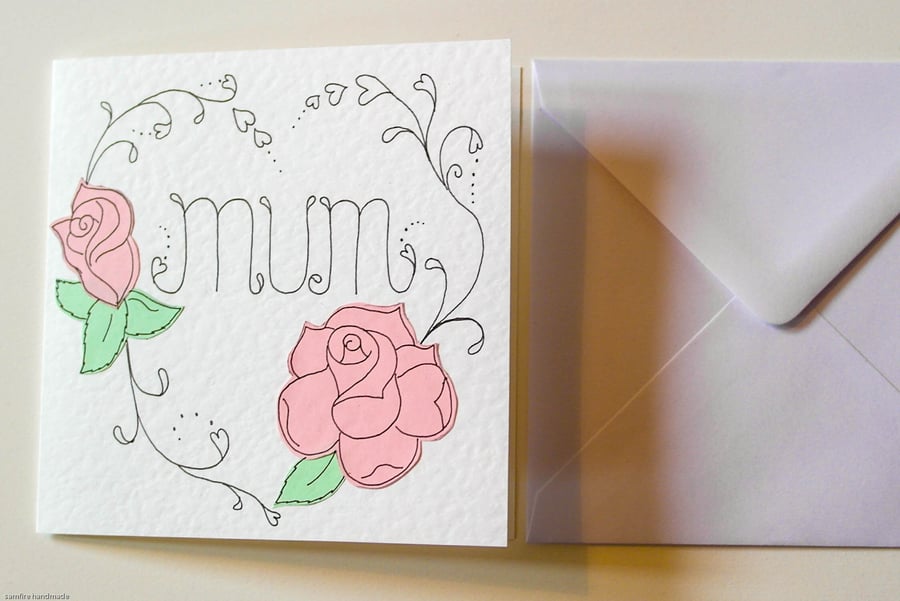 Mother's day card with pink rose and heart, Foral birthday card for Mum