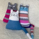 Hand knitted white and blue cat doll - Knitted animal plushie 