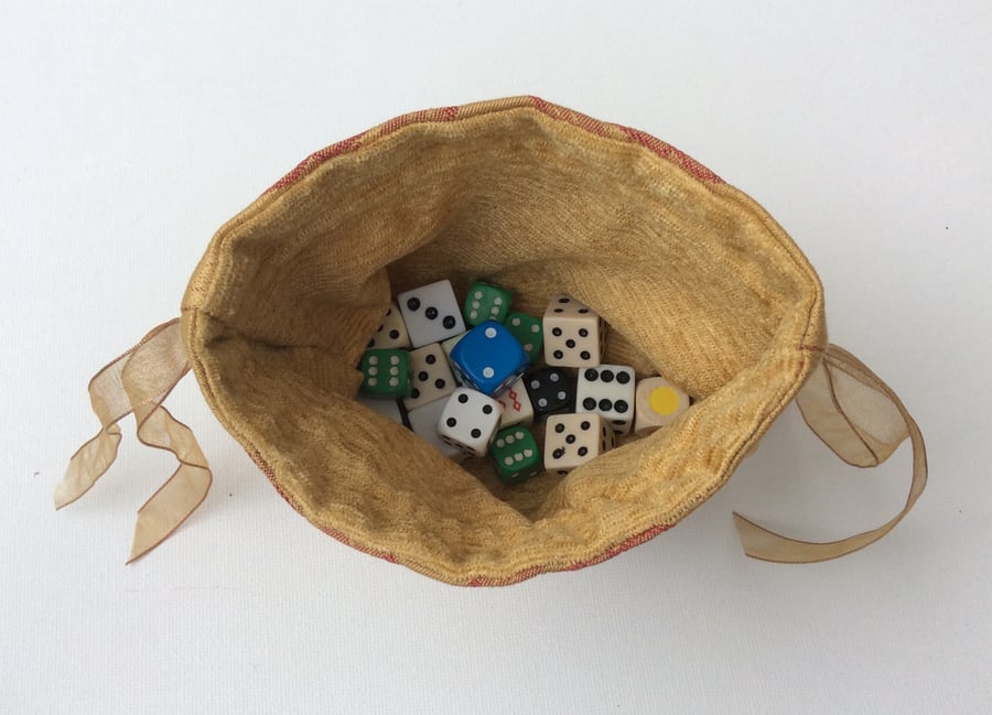 Drawstring  bag, gamer's dice bag, jewellery pouch, red on gold