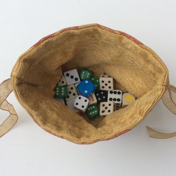 Drawstring  bag, gamer's dice bag, jewellery pouch, red on gold