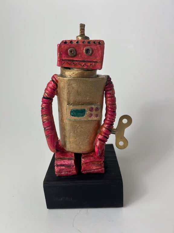 Handbuilt Ceramic Wonky Robot: Pink and Gold Wobot
