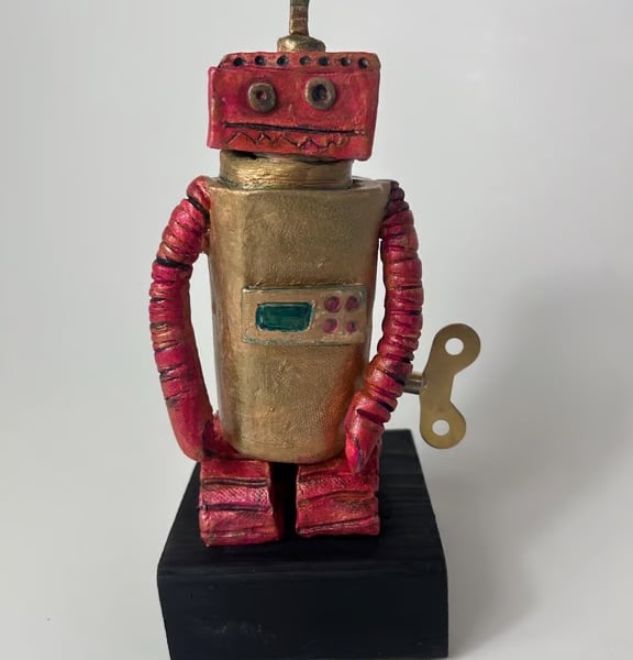 Handbuilt Ceramic Wonky Robot: Pink and Gold Wobot