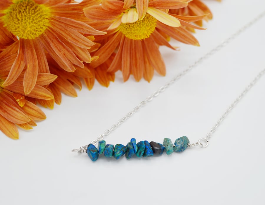 Blue Green Chrysocolla Bar Necklace - Free Postage
