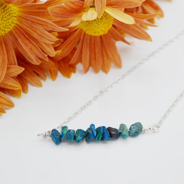 Blue Green Chrysocolla Bar Necklace - Free Postage