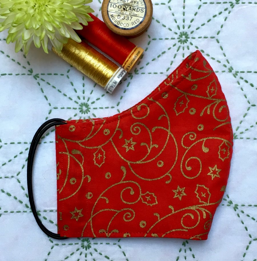 SALE Reusable Christmas Red and Gold Swirls Cotton Face Mask Womens