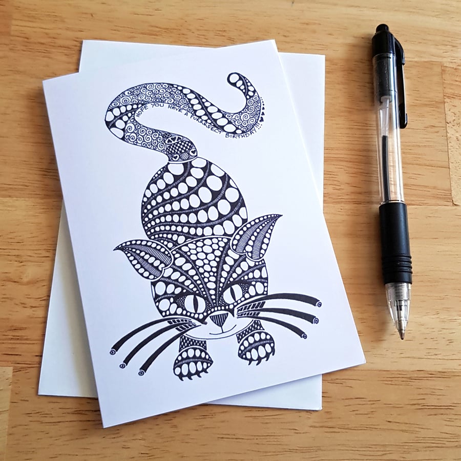 Cat Birthday Card - Purrfect Birthday Doodle Card for Cat Lover