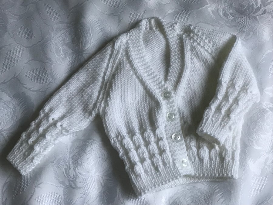 Hand Knitted Baby V - Neck  Cardigan White 0 - 3 Months