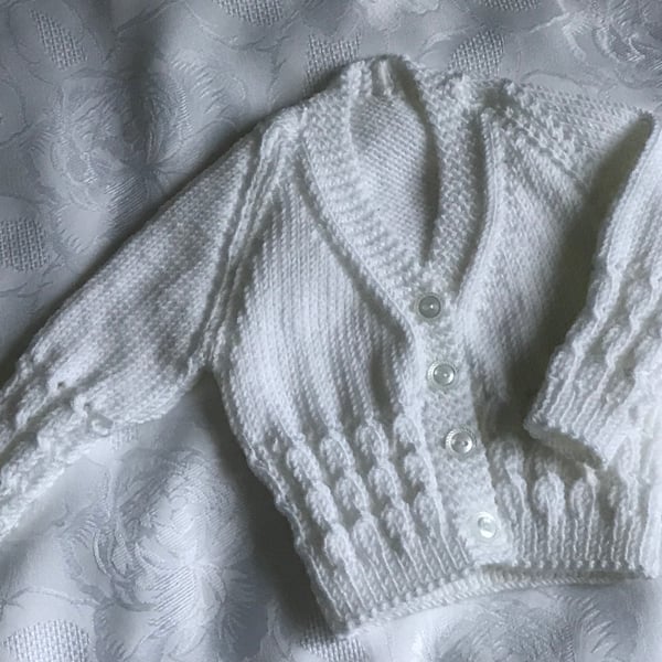 Hand Knitted Baby V - Neck  Cardigan White 0 - 3 Months