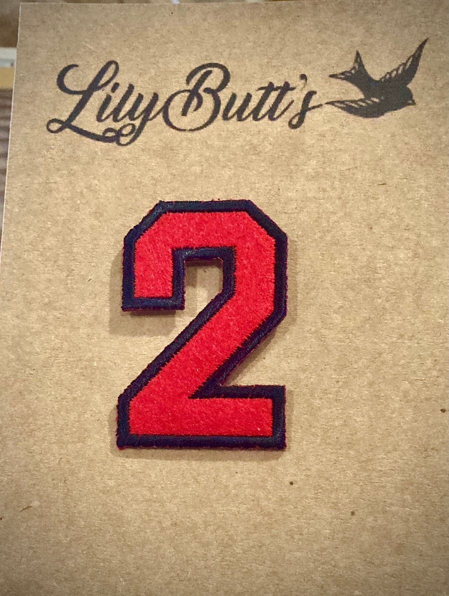 Embroidered Iron on Patch - Number 2 -  53mm x 36 mm Red and Black