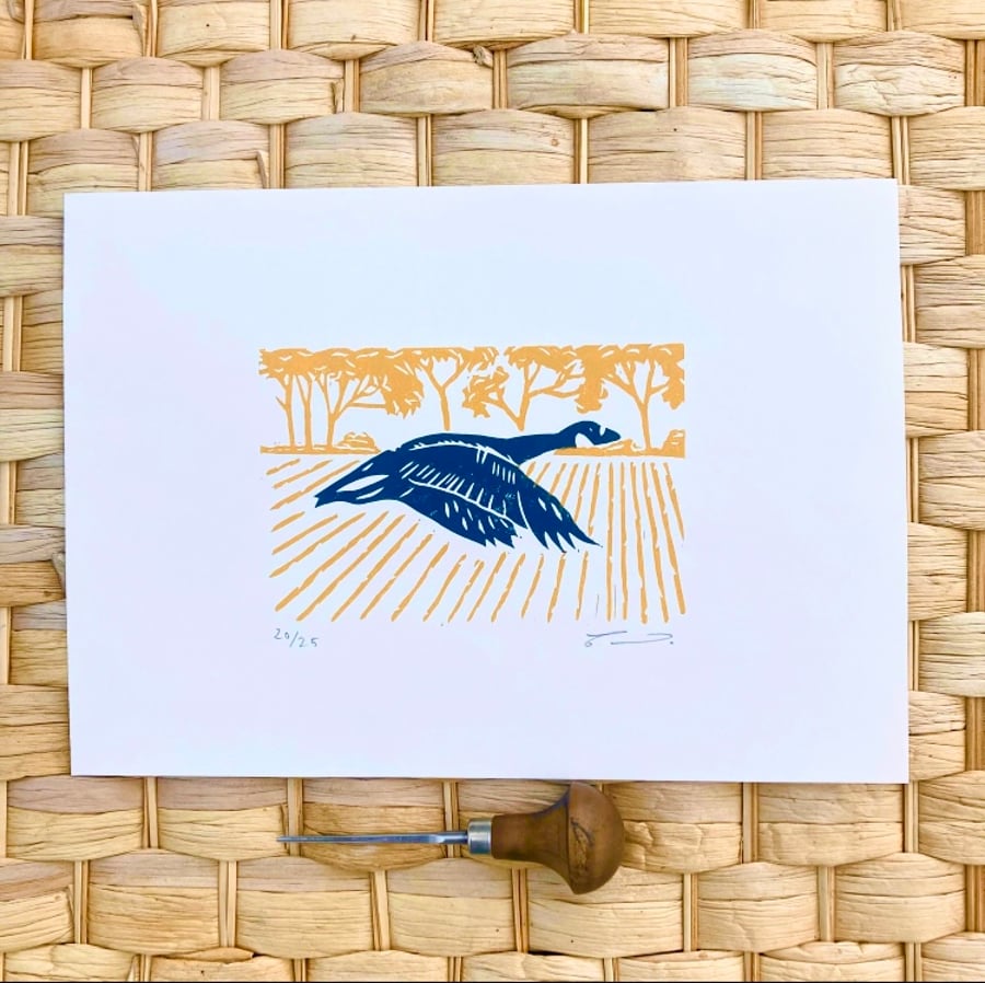 Flying Goose, Goose Lino Print, bird print