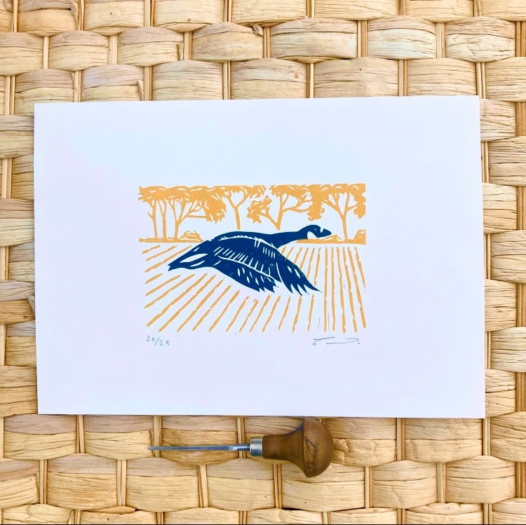 Flying Goose, Goose Lino Print, bird print