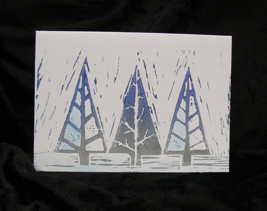 Lino Print Christmas Card - Frosty Pines design