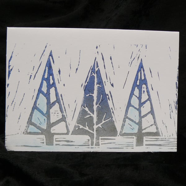 Lino Print Christmas Card - Frosty Pines design