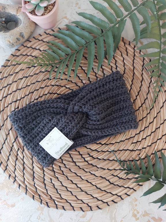 Crochet Ear Warmers - Headband Twist Style Charcoal Grey