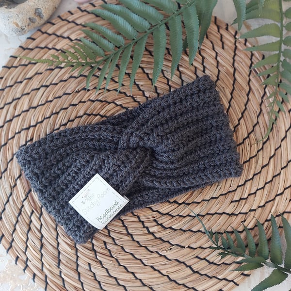 Crochet Ear Warmers - Headband Twist Style Charcoal Grey