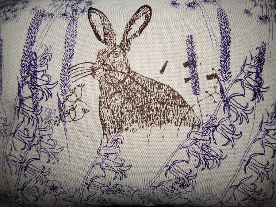 Hare and Purple Wild Flowers - screen printed cushion