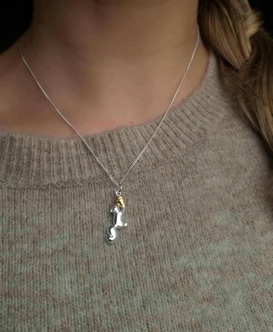 Sterling Silver Squirrel with Gold Acorn Pendant 18" Silver Chain Necklace