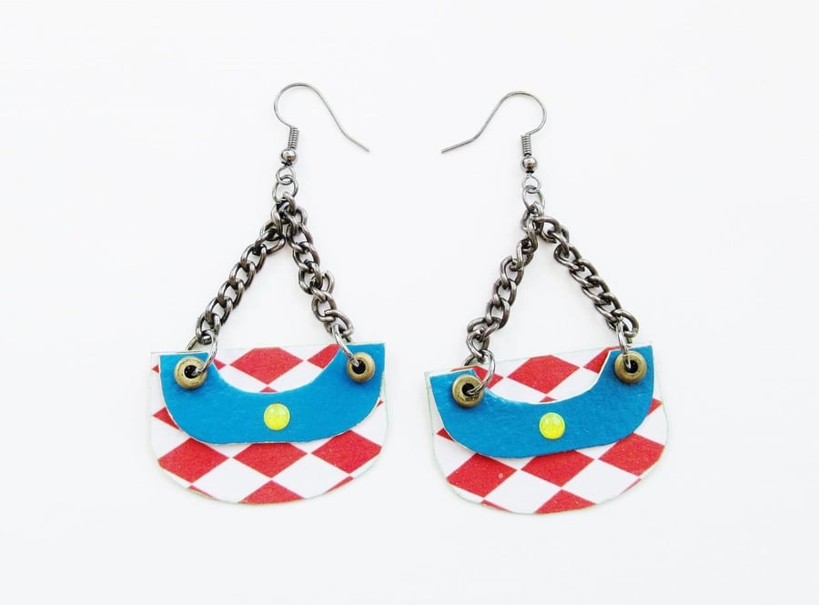 Harlequin Earrings Red White Blue Check Colourful Unique OOAK Lightweight Funky