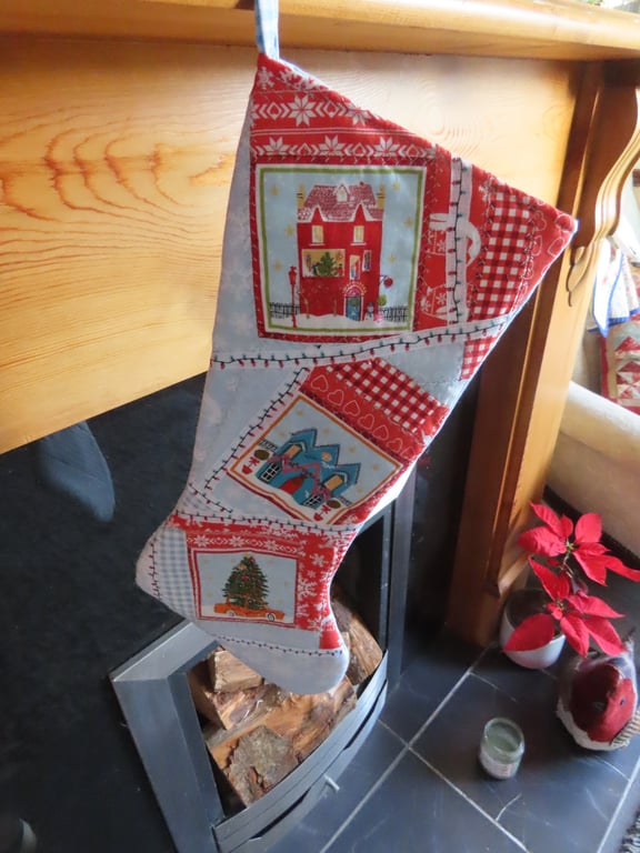 Christmas Stocking, Handmade & Quilted Wonky House, log cabin panels.