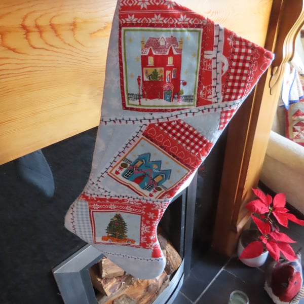 Christmas Stocking, Handmade & Quilted Wonky House, log cabin panels.
