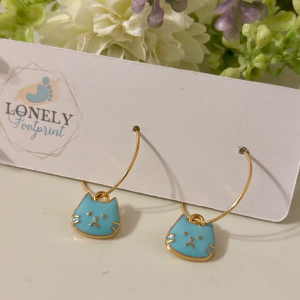 Light Blue Enamel Cat Hoop Earrings, Charm Earrings, Handmade Jewellery 