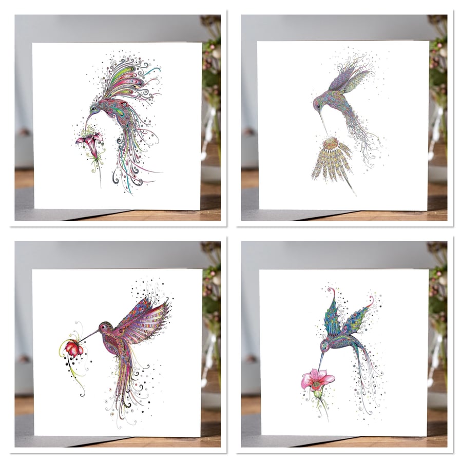 4 x  stunningly beautiful floral Hummingbird card