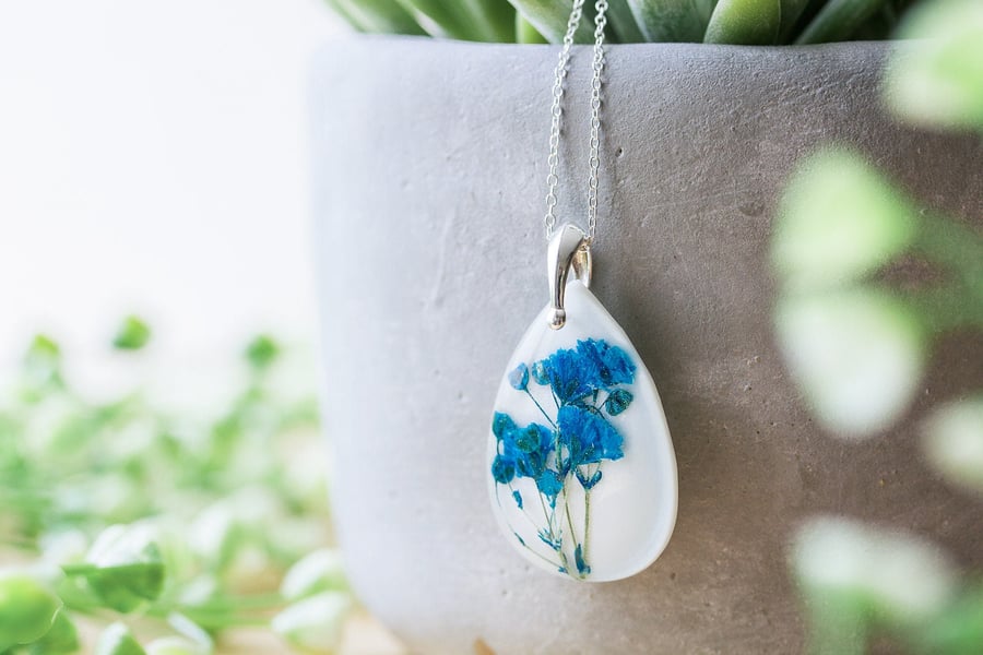 Blue Baby Breath Necklace Teardrop Gypsophila Necklace Gifts for Her Real Flower