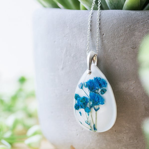 Blue Baby Breath Necklace Teardrop Gypsophila Necklace Gifts for Her Real Flower