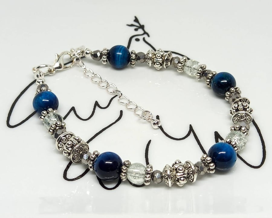 SALE - Adjustable blue tigers eye beaded bracelet with crackle glass 