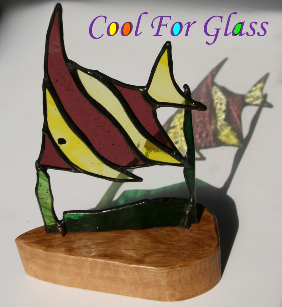 Unique Angel fish stained glass art on oak base