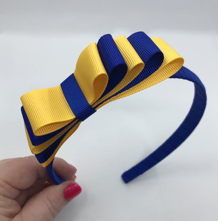 Cobalt Hairband with 5 Layer Cobalt Blue and Yellow Gold Two-tone Straight Bow