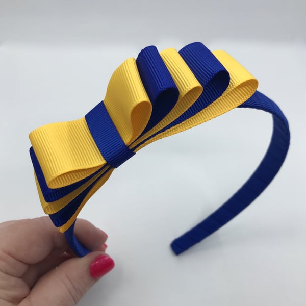 Cobalt Hairband with 5 Layer Cobalt Blue and Yellow Gold Two-tone Straight Bow