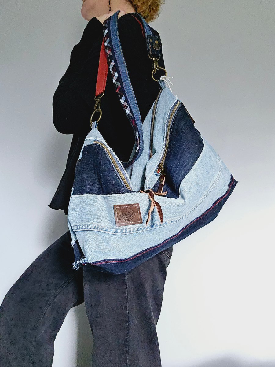 Denim oversized bag with double zippers, weekend getaways handbag 
