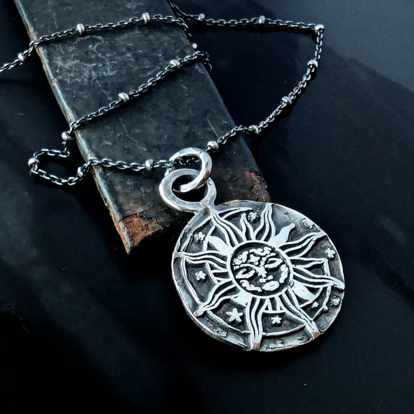 Sterling Silver Pirate Skull Compass and Sun, Moon and Stars Talisman pendant