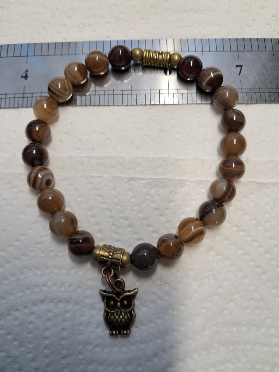 Natural Agate  Owl Stretch Bracelet 