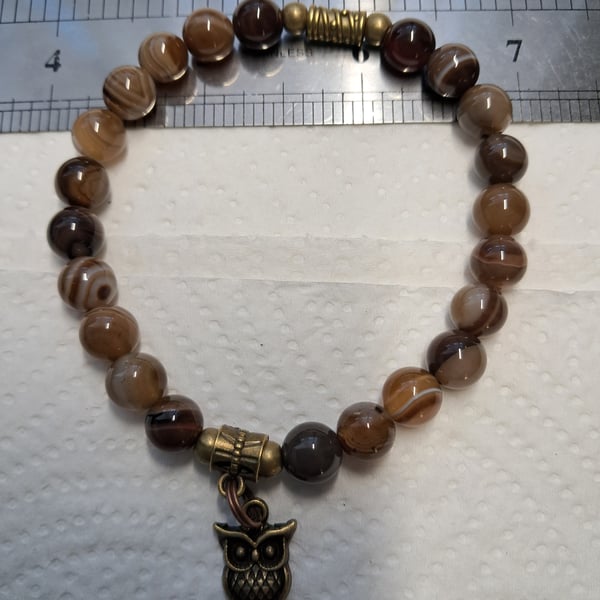 Natural Agate  Owl Stretch Bracelet 