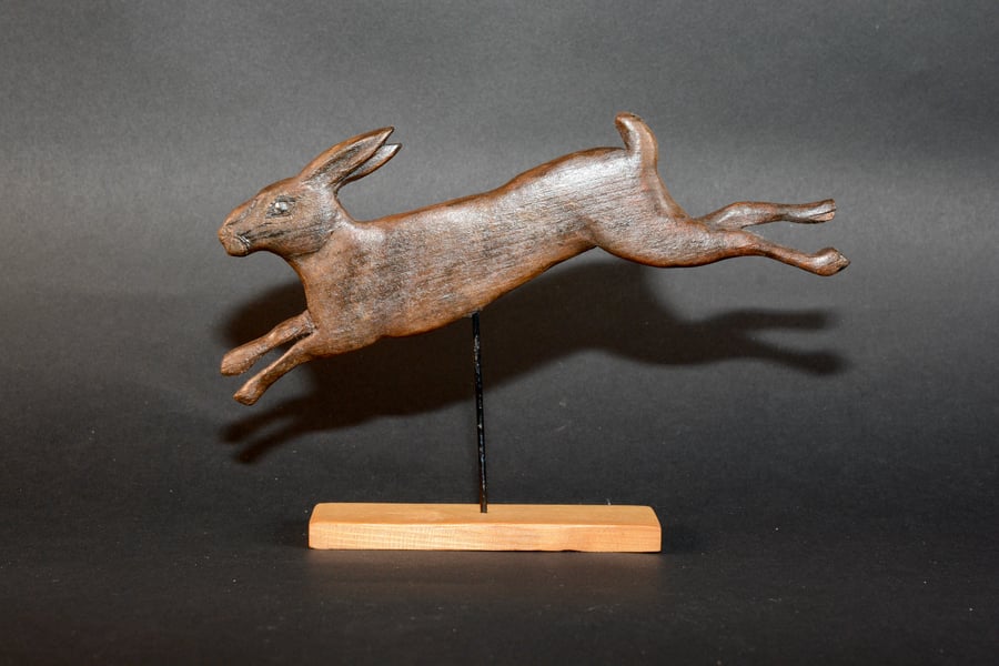 The leaping hare hand carved wooden sculpture 